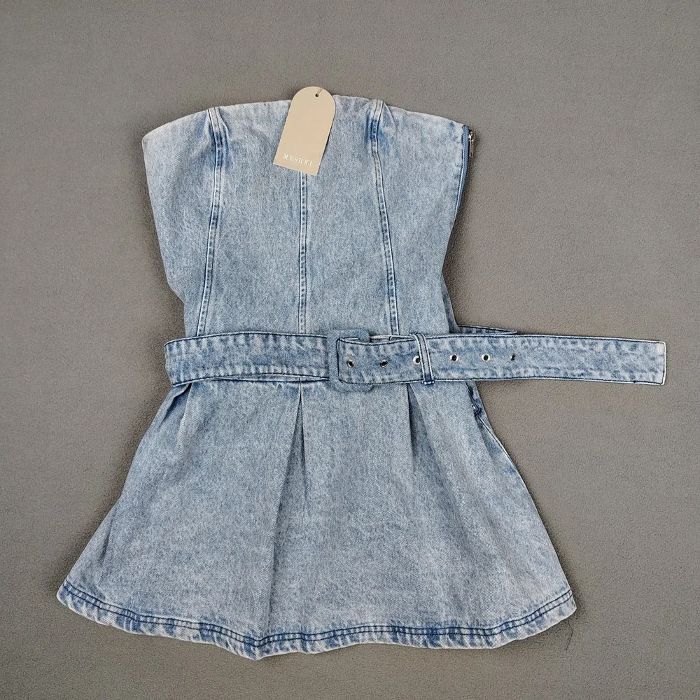 Meshki Mini Dress Medium Strapless Pleated Blue Denim Belted Flirty Festival New